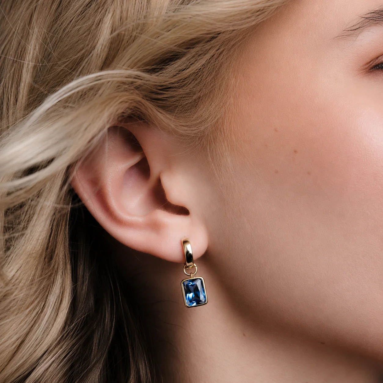 Bezel-Set Rectangle Drop Hoops - Blue - Image 2