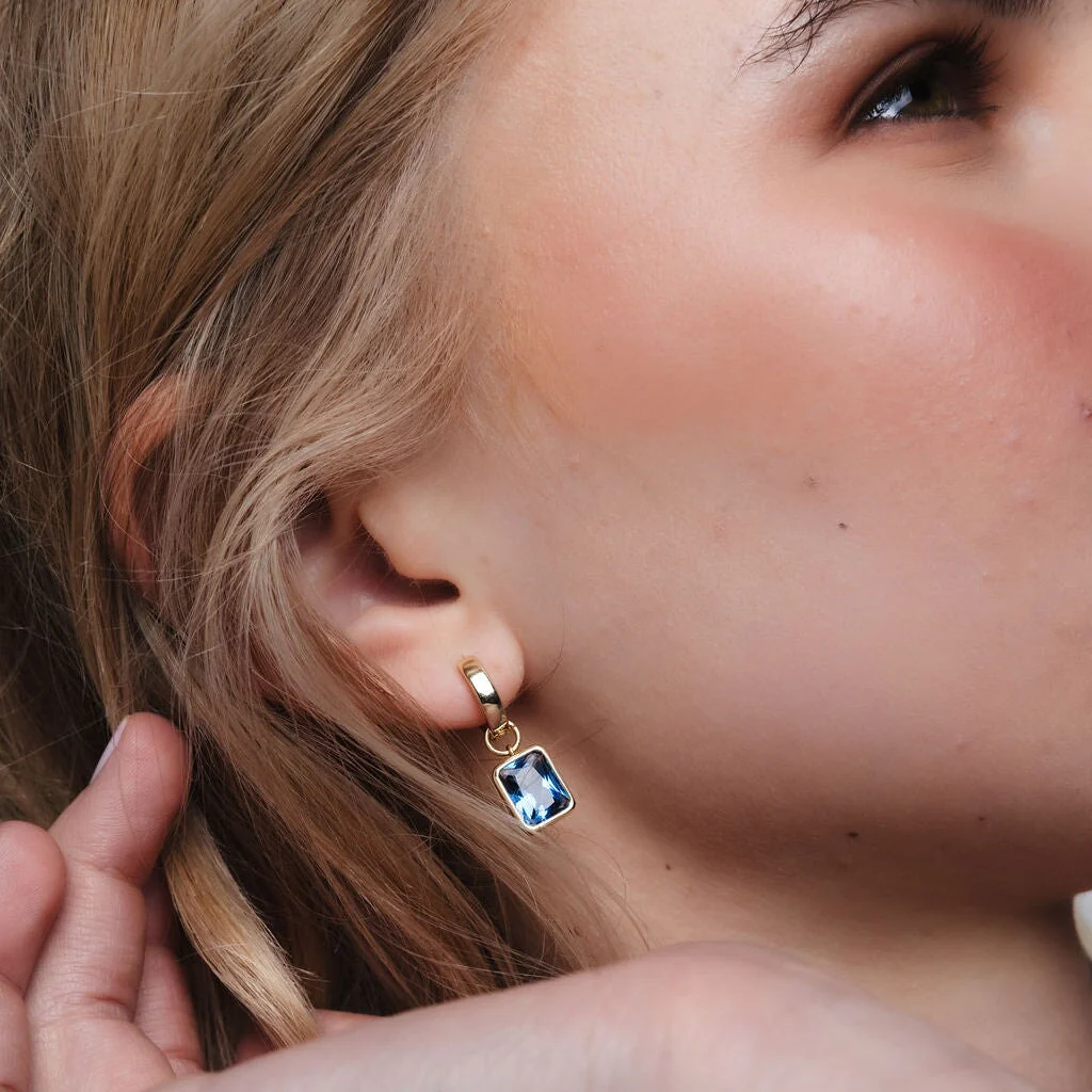 Bezel-Set Rectangle Drop Hoops - Blue - Image 5