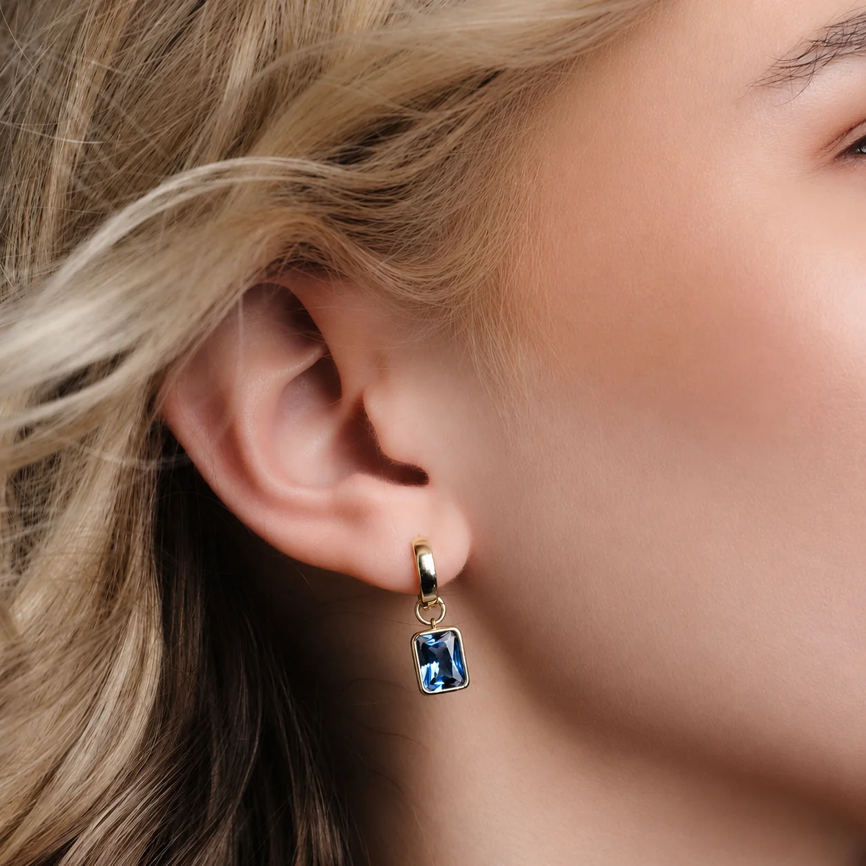 Bezel-Set Rectangle Drop Hoops - Blue - Image 6