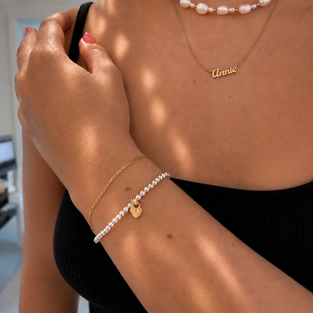 Erin 3mm Ball Bracelet with Heart - Image 2