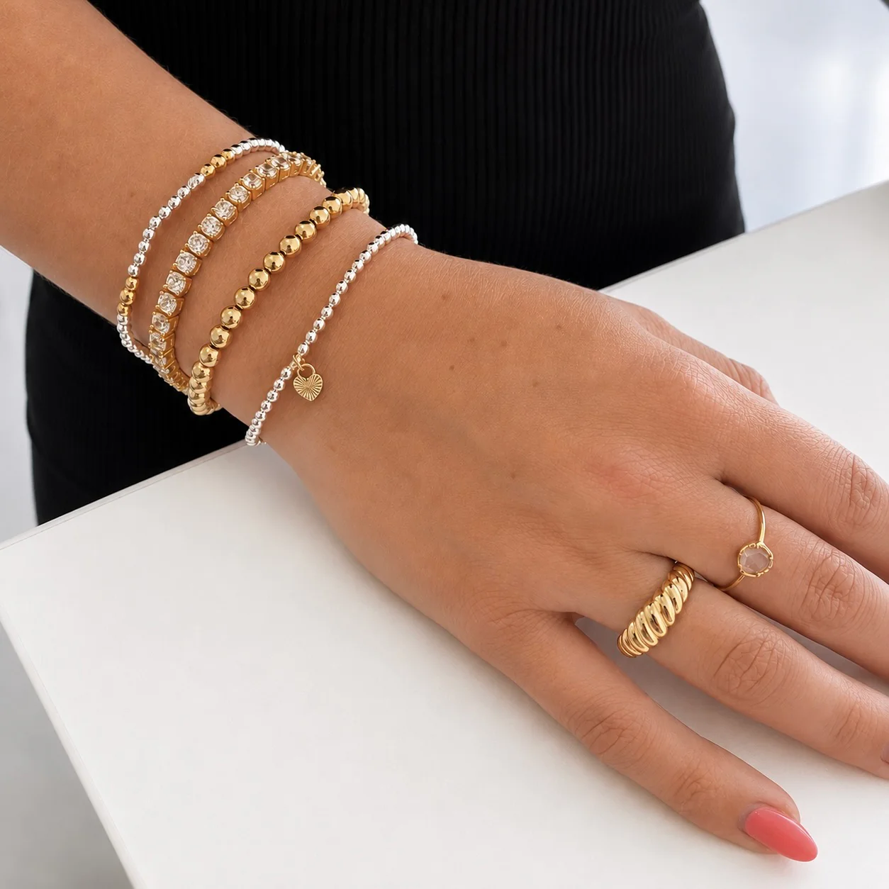 Erin 3mm Ball Bracelet with Heart - Image 3