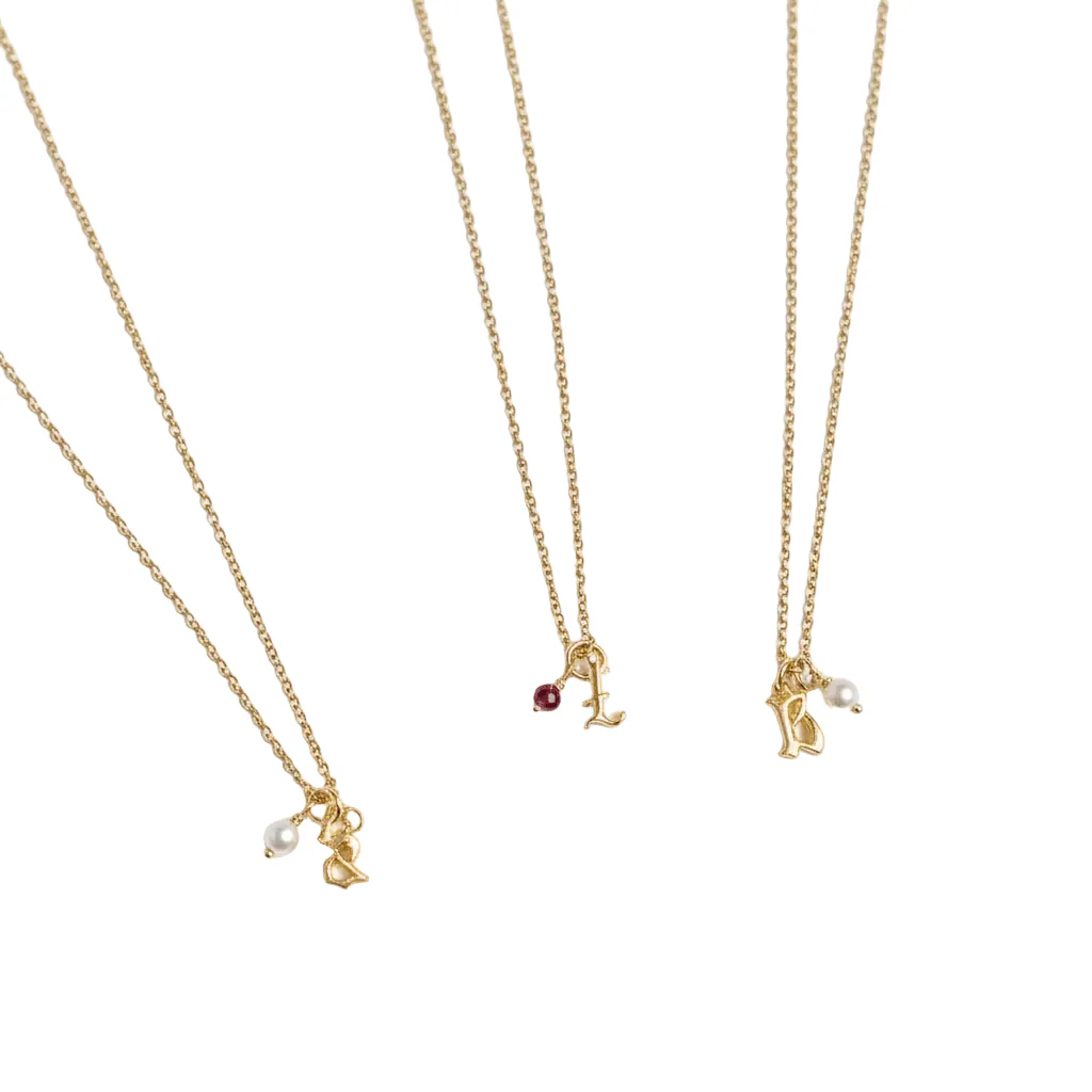 Gold Petite Gothic letter + Birthstone Necklace