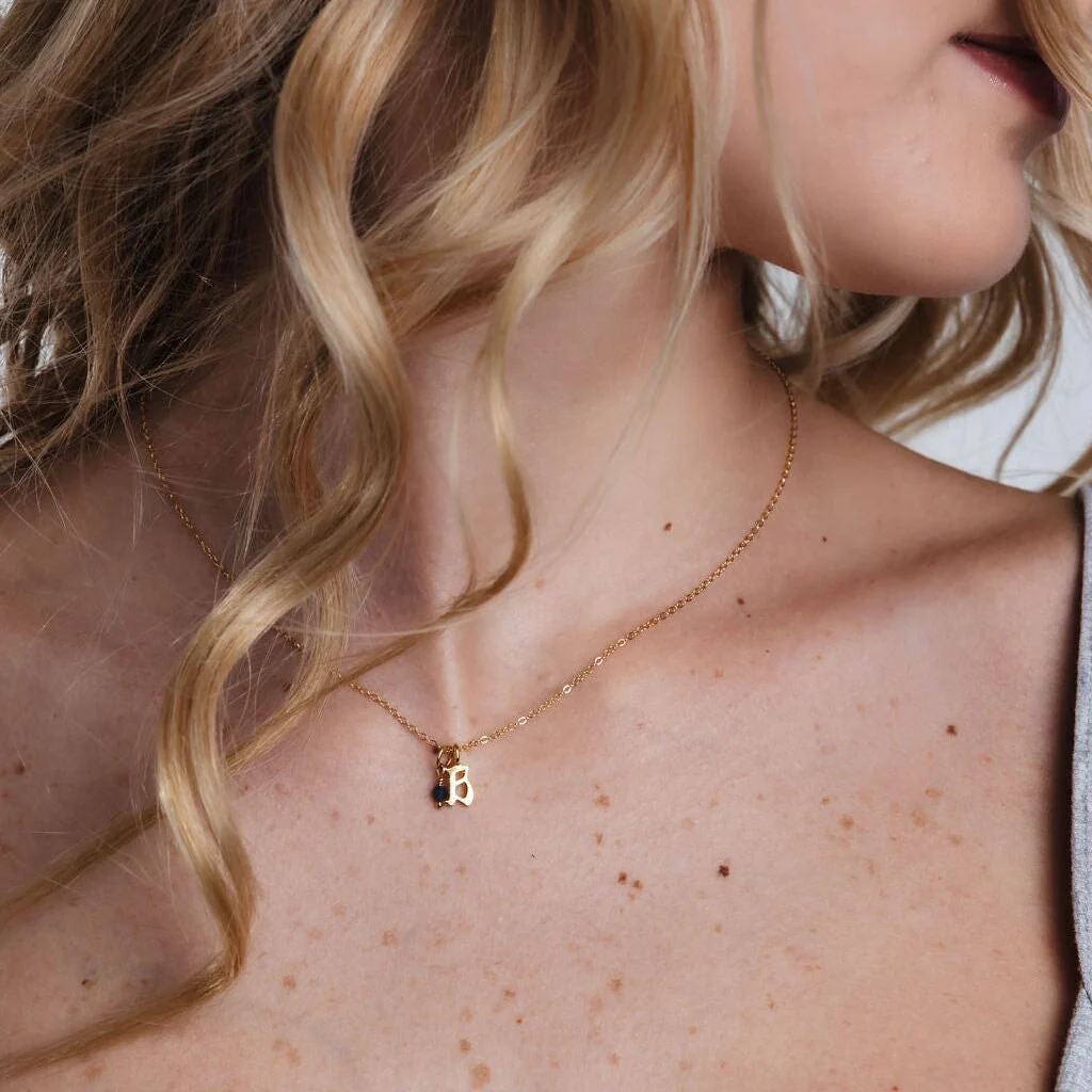 Gold Petite Gothic letter + Birthstone Necklace - Image 2