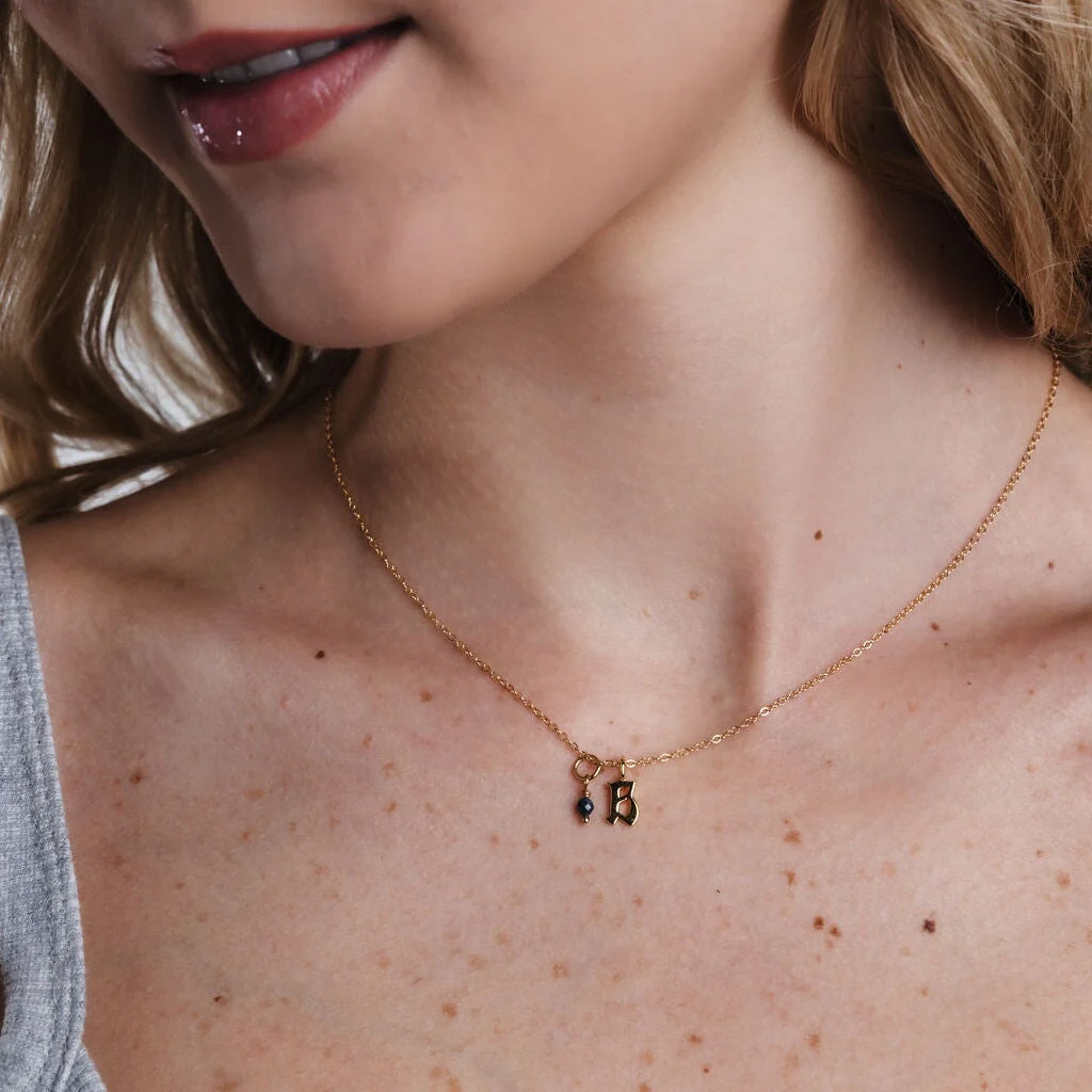 Gold Petite Gothic letter + Birthstone Necklace - Image 3