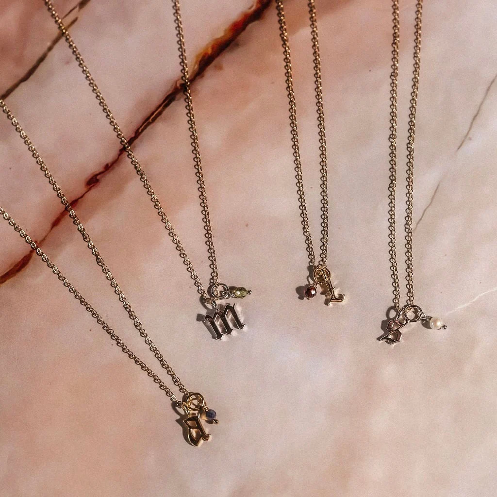 Gold Petite Gothic letter + Birthstone Necklace - Image 4