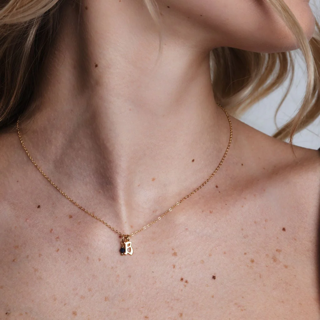 Gold Petite Gothic letter + Birthstone Necklace - Image 7