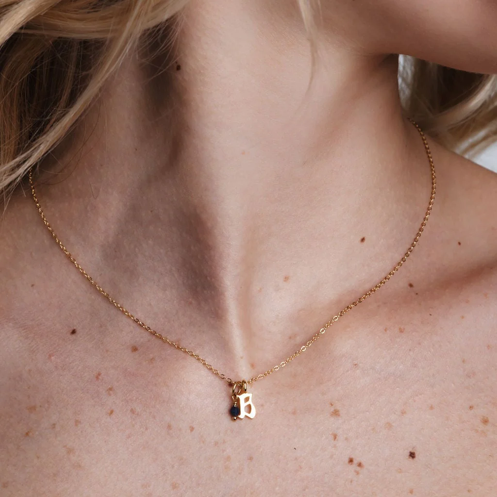 Gold Petite Gothic letter + Birthstone Necklace - Image 9