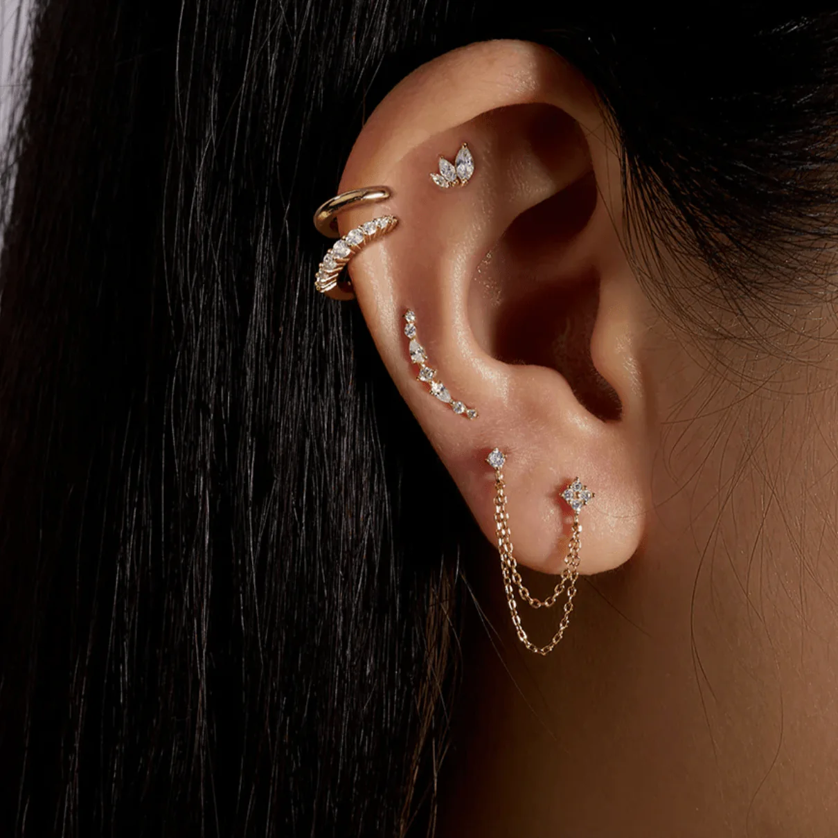 Mixed Shape Stud with Chain Earring - Single - Image 2