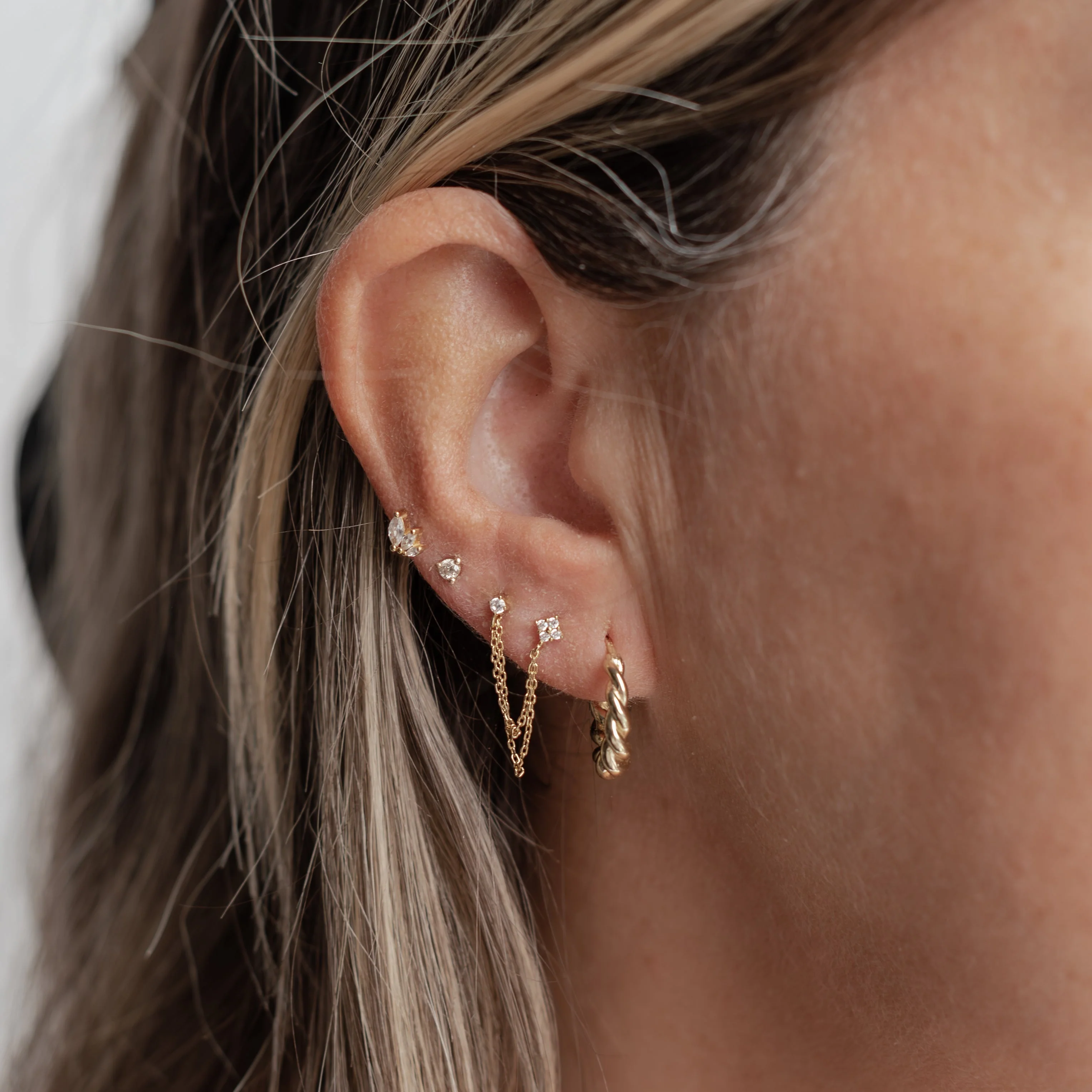 Mixed Shape Stud with Chain Earring - Single - Image 3