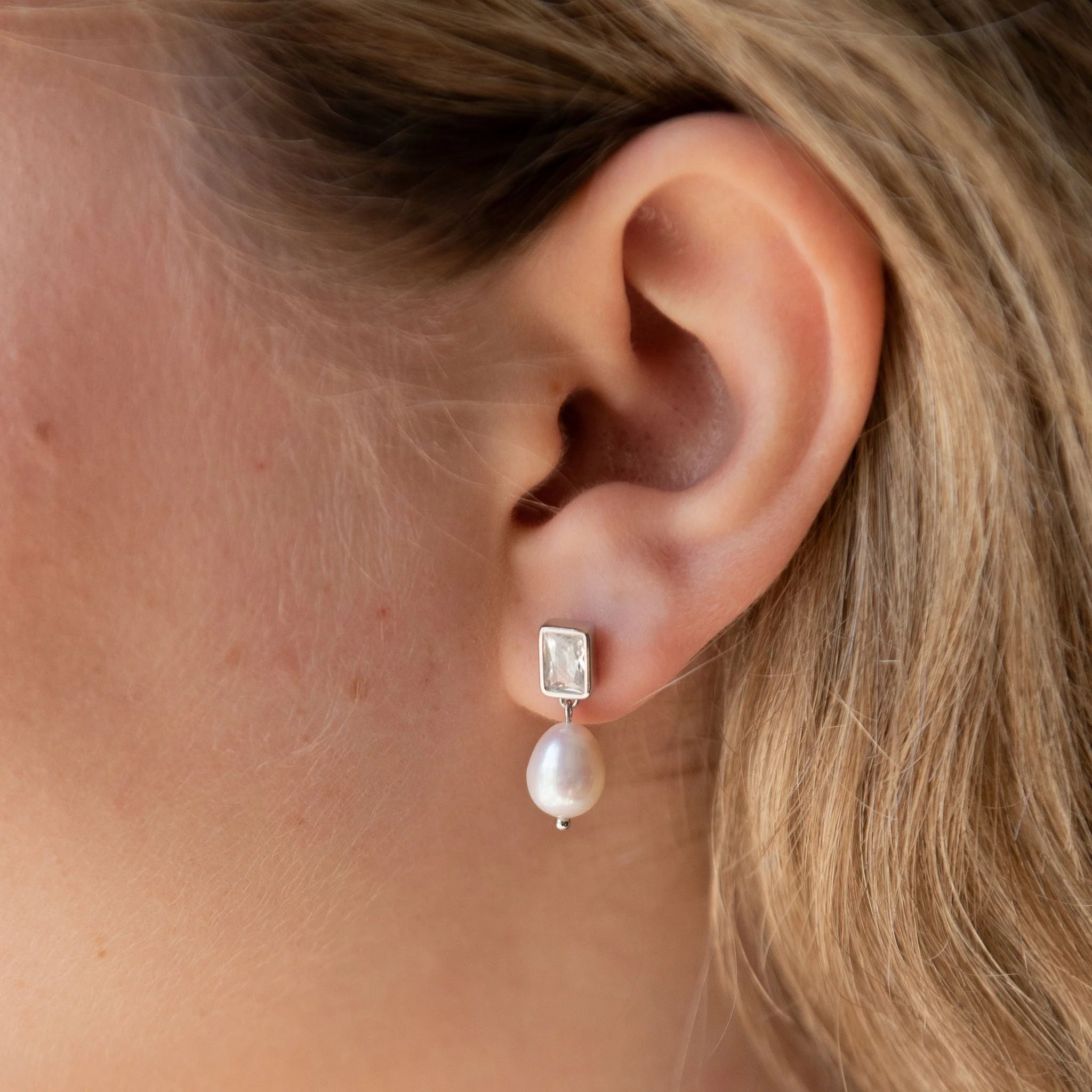 Pearl Drop Bezel Set Stud Earrings - Image 2