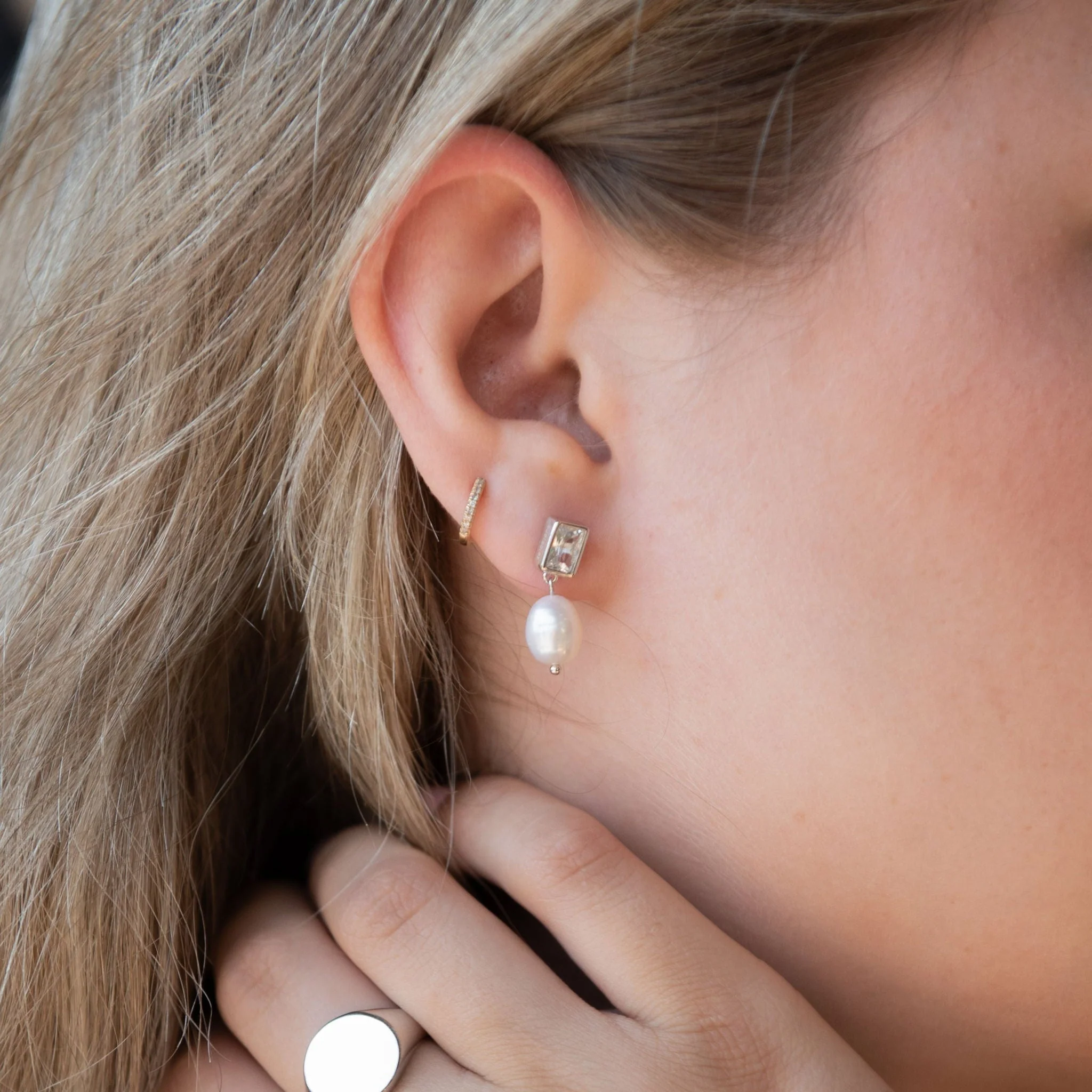 Pearl Drop Bezel Set Stud Earrings - Image 3
